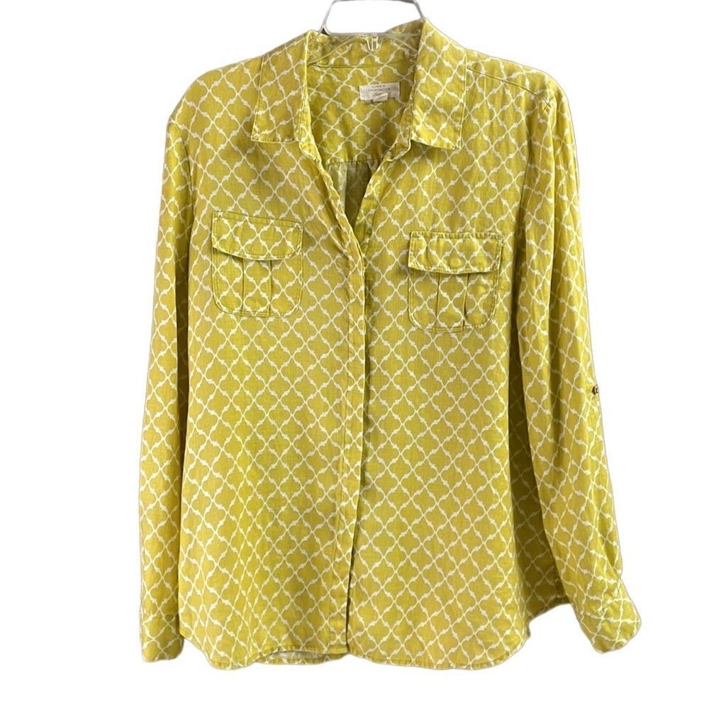 CHARTER CLUB Blouse XLarge Linen Geometric RollTab Sleeve Woven Top Shirt Yellow